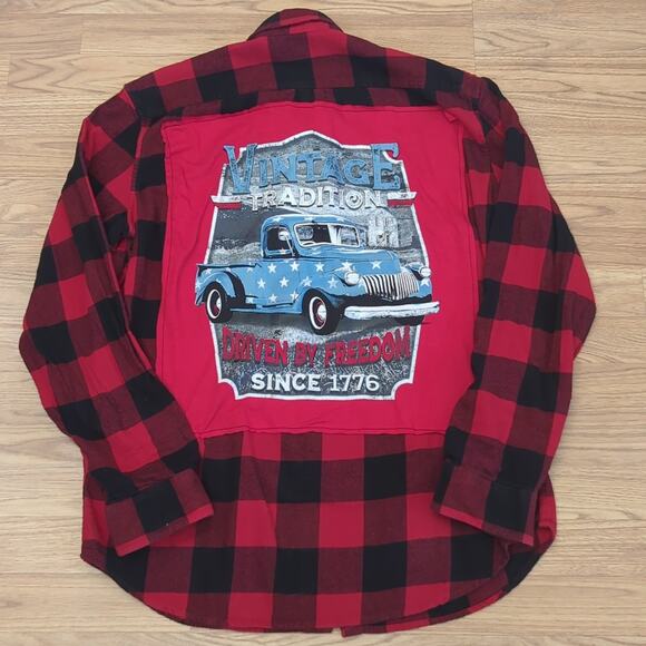 USA Tradition Truck Flannel Shirt upcycled one of a kind unisex large - Picture 2 of 8